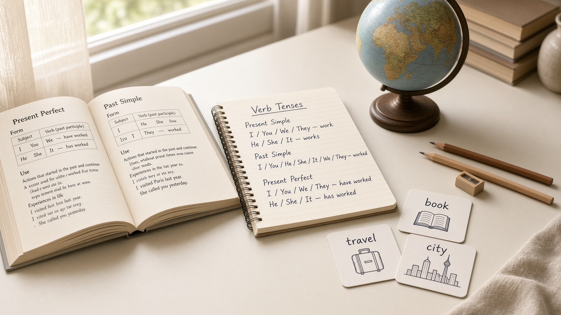 English textbooks, verb notes and vocabulary cards on a study desk