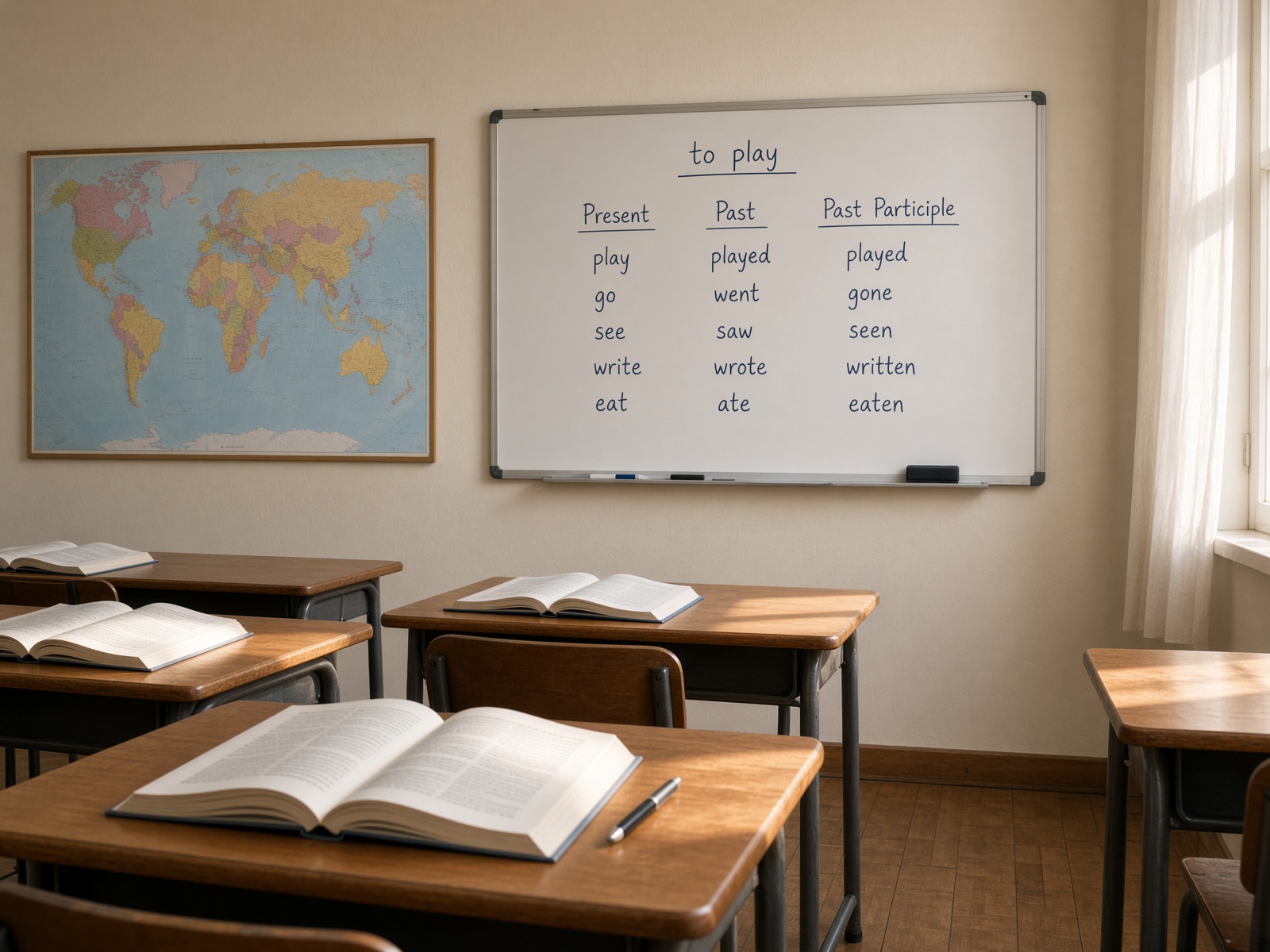 A quiet language classroom with a whiteboard of English tenses