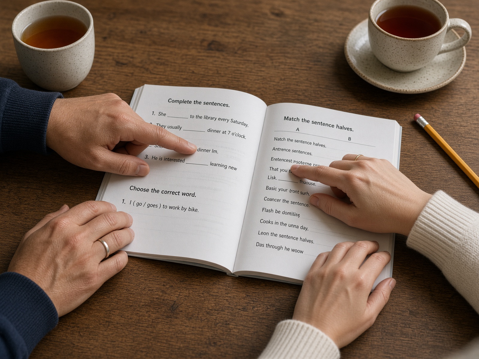Hands studying an English workbook together